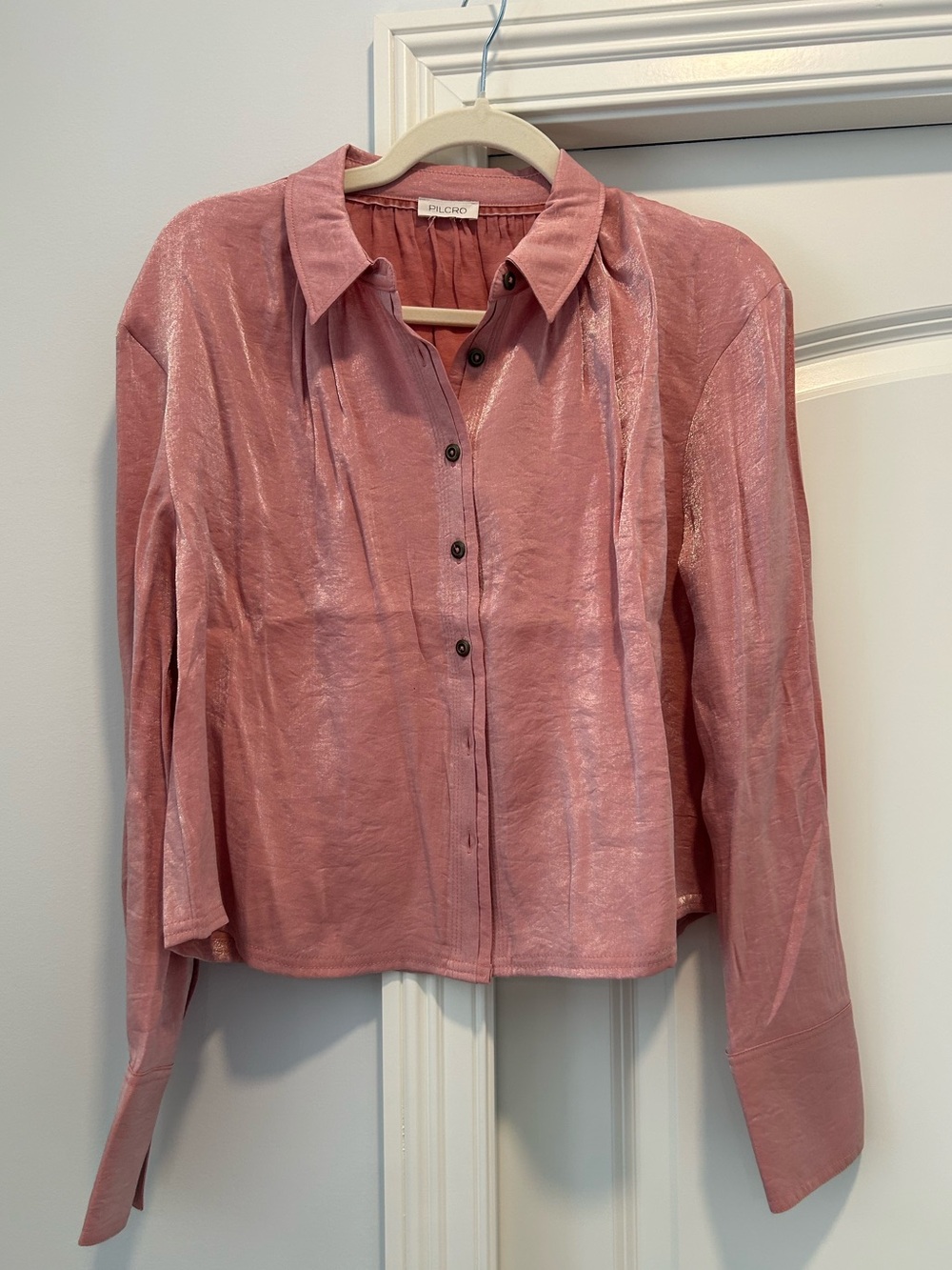 Pilcro Pink Satin Button-Front Long Sleeve Top